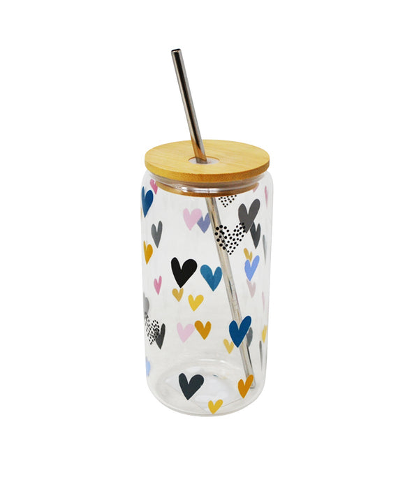 Verre avec couvercle et paille – Motif cœurs 500 ml